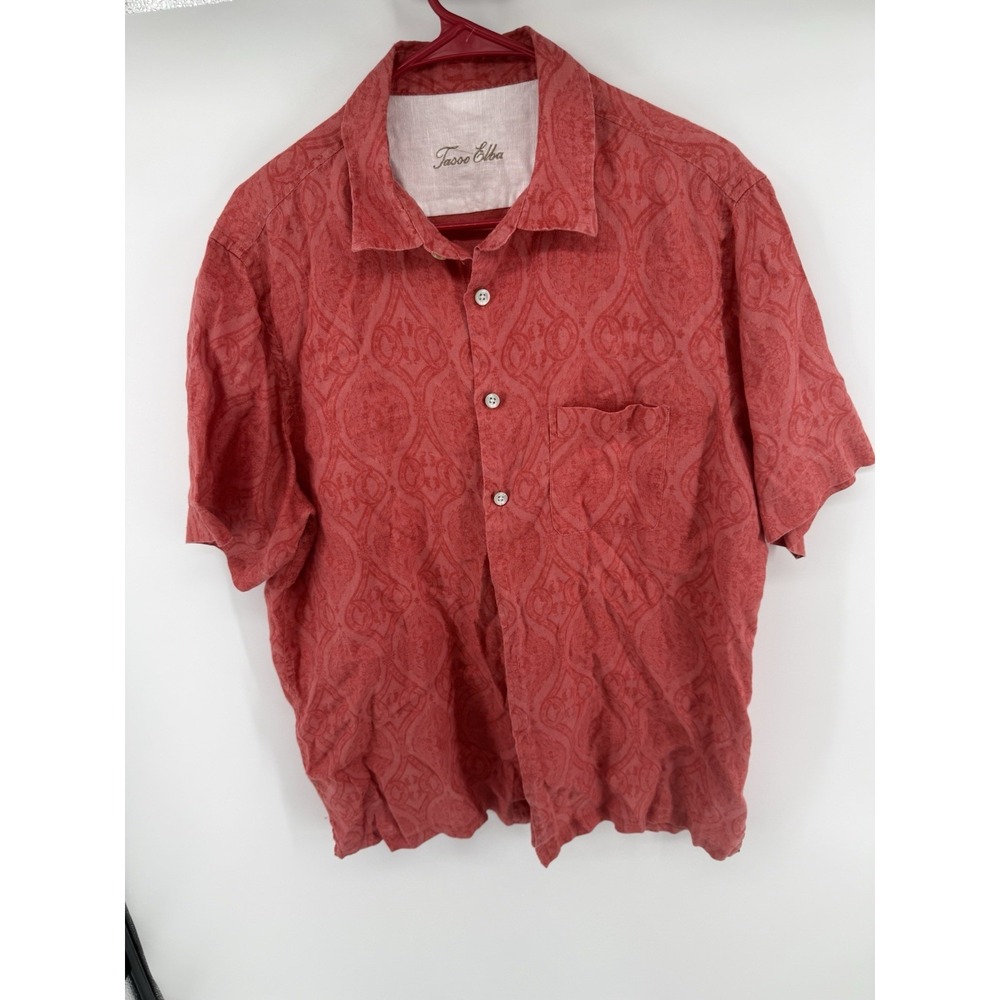 Tasso Elba Men's Large 100% Linen Red Paisley Short Sleeve Button Up Shirt